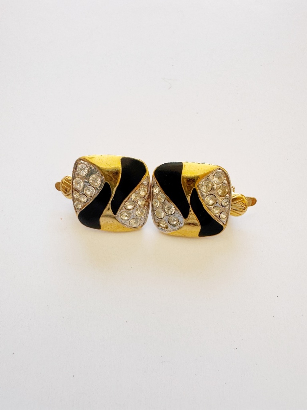 Vintage Trifari Black Enamel Clear Rhinestone Gold Tone Clip On Earrings 0.8"